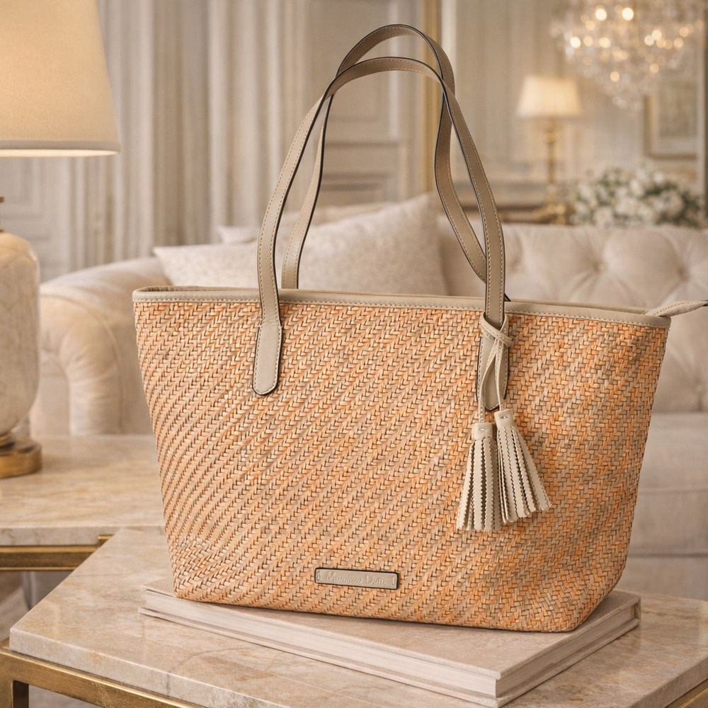Massimo Dutti Woven Leather Tote with Tassel Shoulder Bag Beige Purse